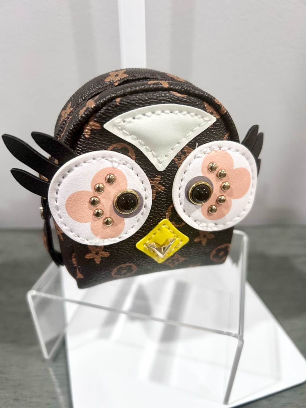 Playful Owl Coin Purse Card Holder in Brown, Pink & Yellow